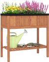 Outdoor raised garden bed made of fir wood with bottom storage shelf, ideal for planting herbs and flowers.