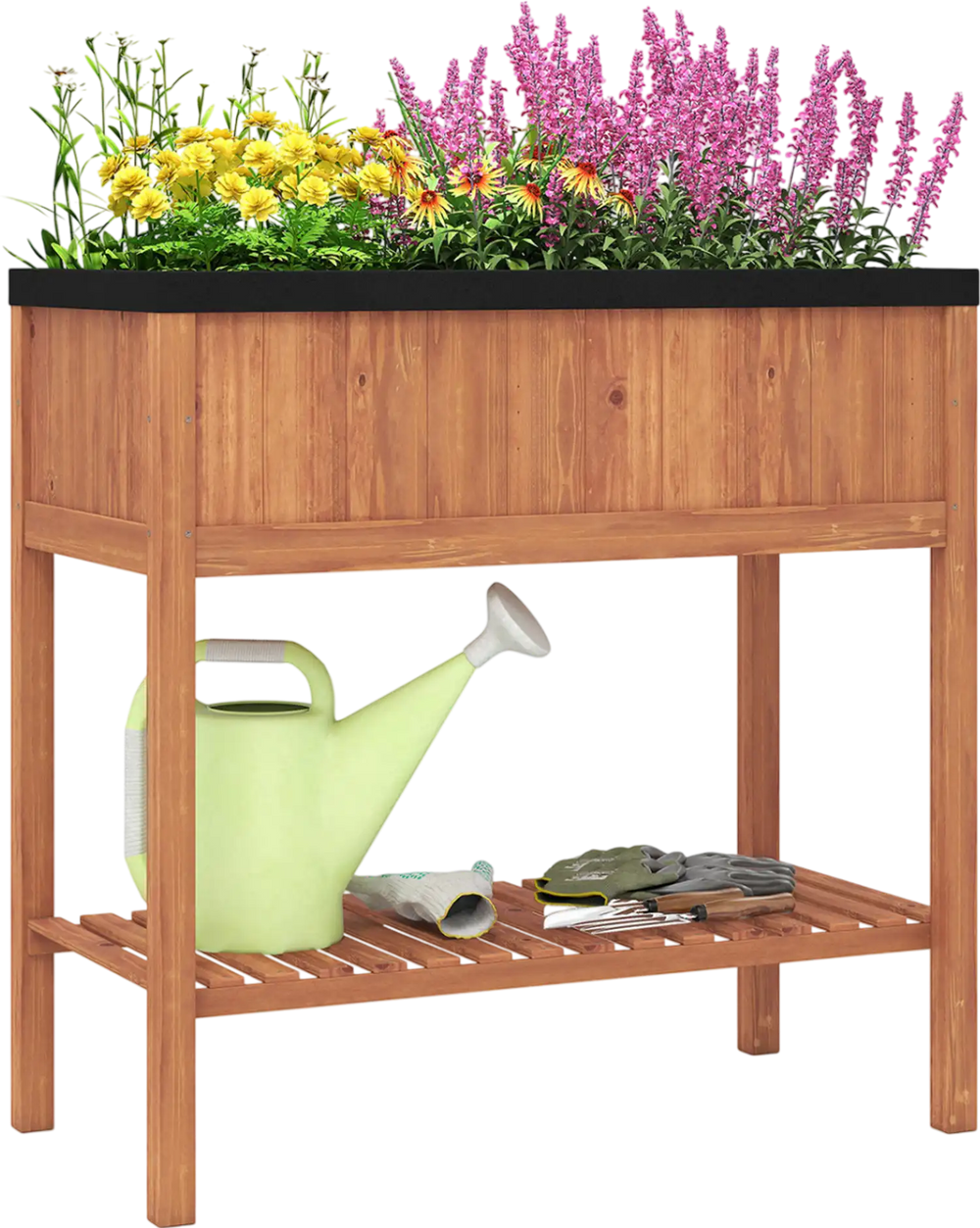 Outdoor raised garden bed made of fir wood with bottom storage shelf, ideal for planting herbs and flowers.