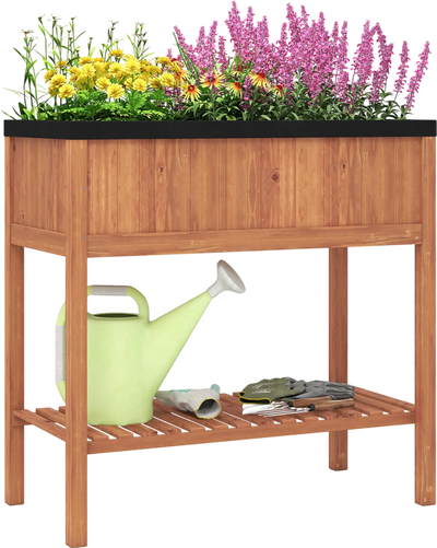 Costway Outdoor Raised Garden Bed Fir Wood Planter Box w/ Storage Shelf Protective Liner 57689341 New