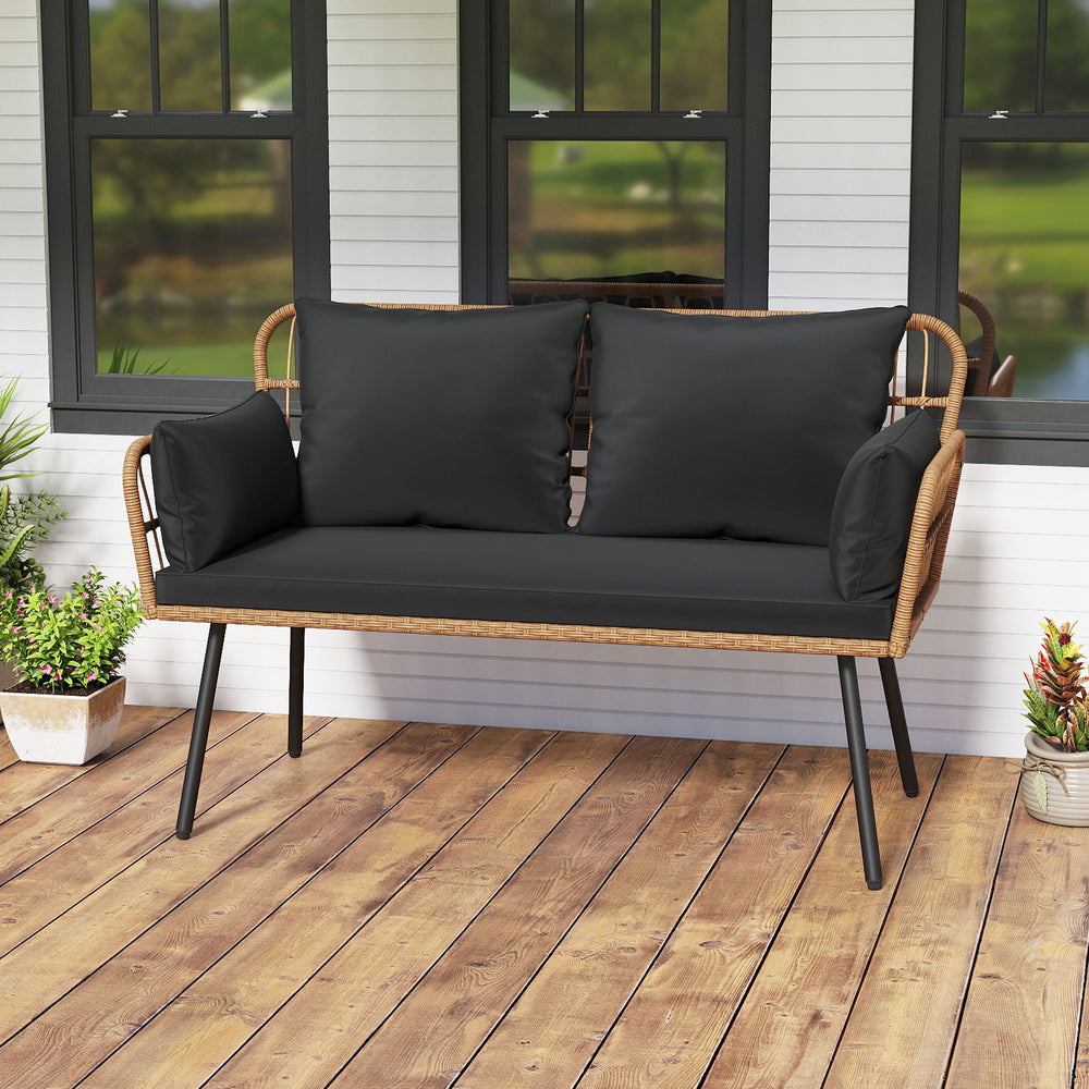 Outdoor rattan 2-seat chair with black cushions and heavy-duty metal legs, perfect for comfortable patio seating.
