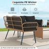 Outdoor rattan 2-seat chair with black cushions, featuring durable PE wicker and heavy-duty metal legs for comfort.