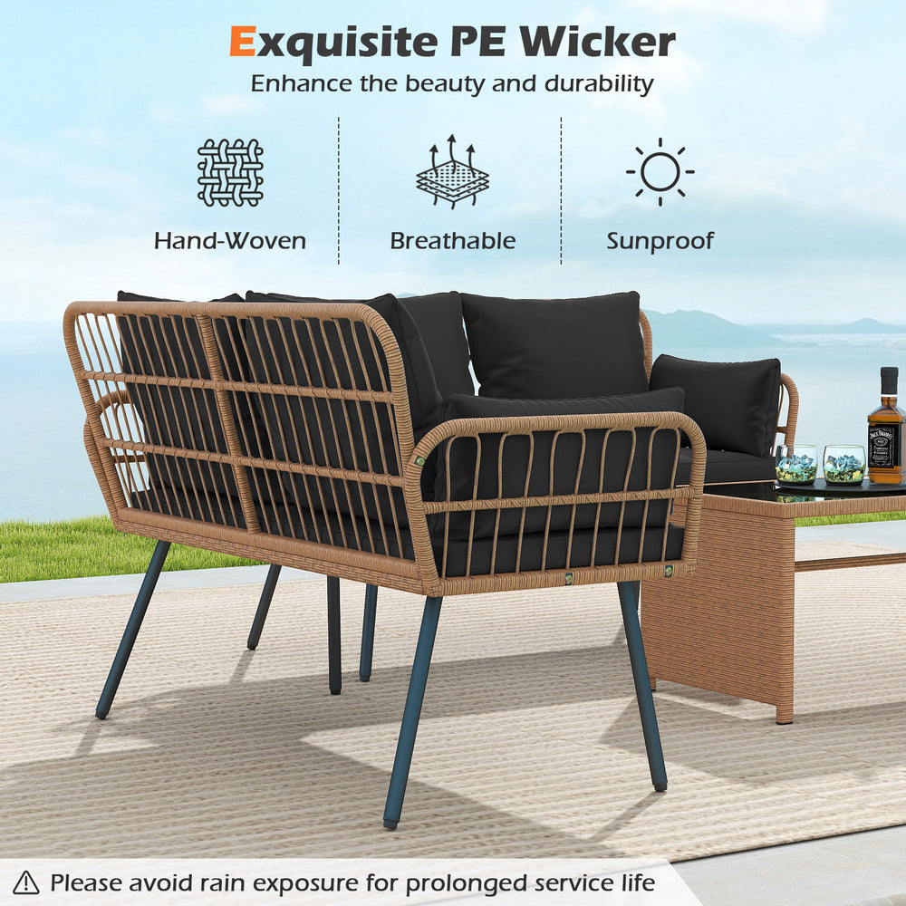 Outdoor rattan 2-seat chair with black cushions, featuring durable PE wicker and heavy-duty metal legs for comfort.