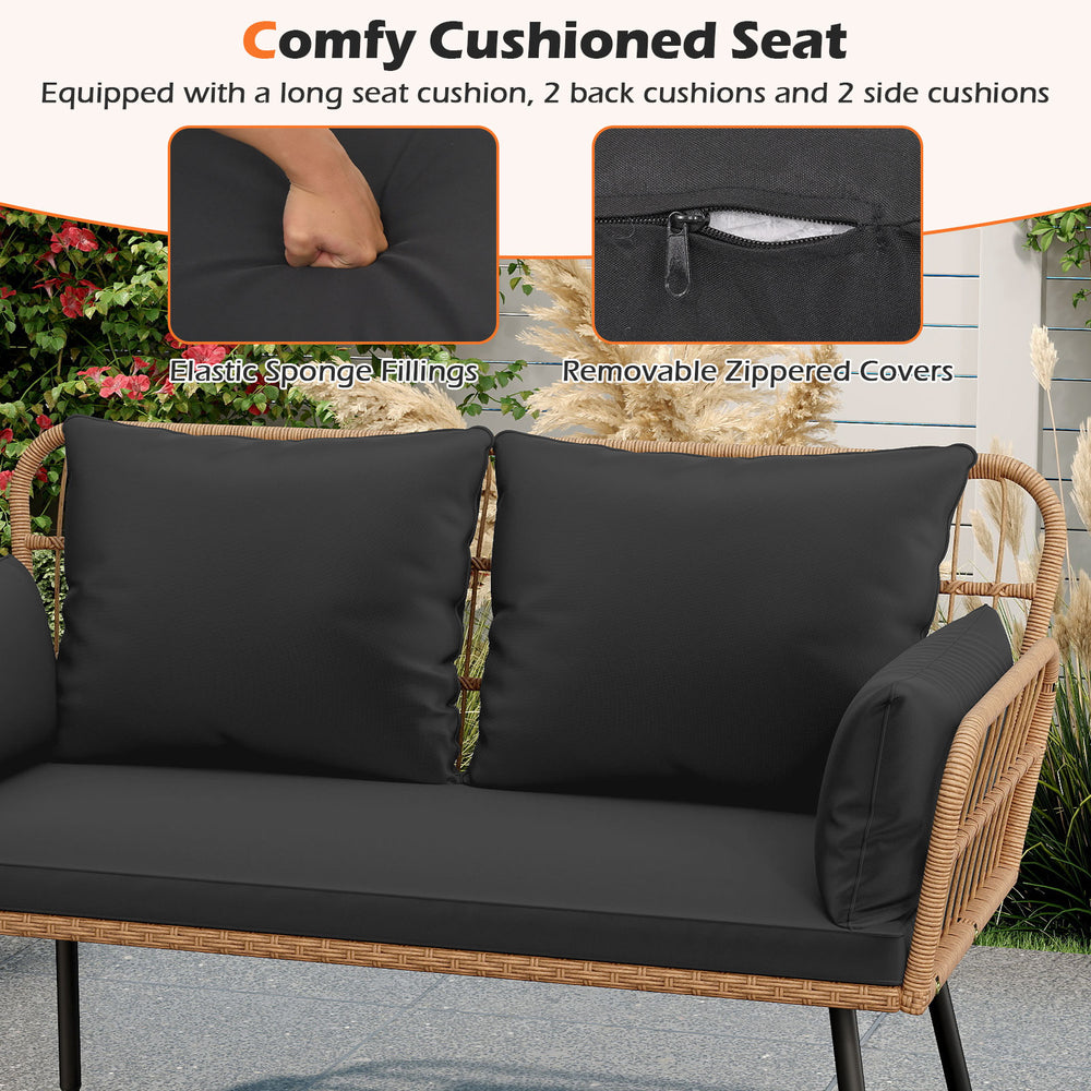 Black outdoor rattan 2-seat chair with elastic sponge cushions and removable zippered covers for easy cleaning.