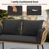 Black outdoor rattan 2-seat chair with elastic sponge cushions and removable zippered covers for easy cleaning.