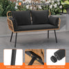 Outdoor rattan 2-seat chair with black cushions, sturdy metal legs, and adjustable foot pads for enhanced stability.