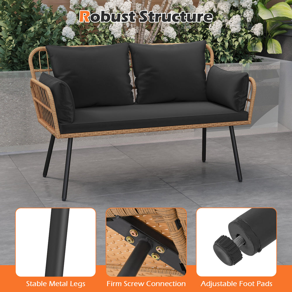 Outdoor rattan 2-seat chair with black cushions, sturdy metal legs, and adjustable foot pads for enhanced stability.