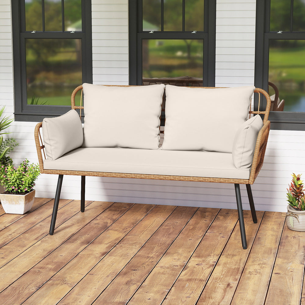 Outdoor Rattan 2-Seat Chair with Seat Back Cushions and Heavy-Duty Metal Legs-White - Gallery View 1 of 8