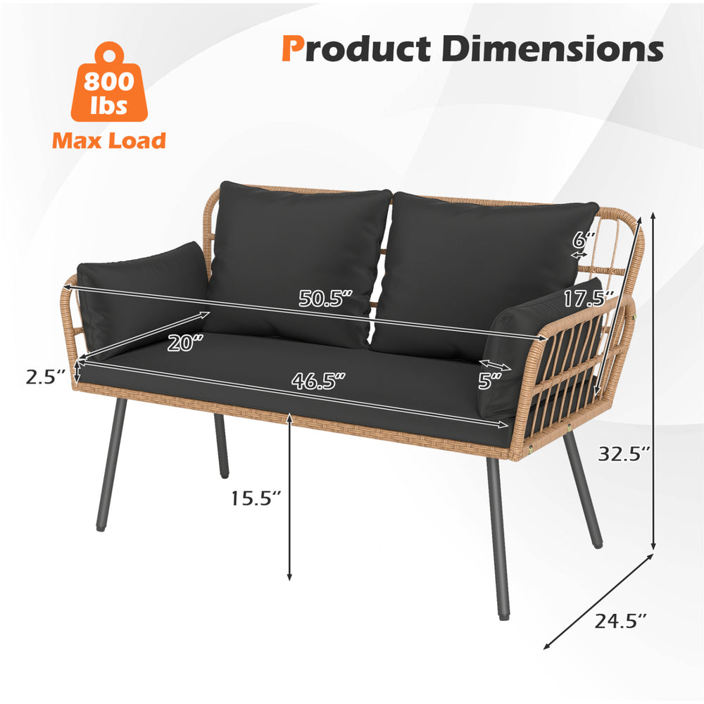 Dimensions of the Outdoor Rattan 2-Seat Chair with cushions, featuring a sturdy metal frame and ergonomic design.
