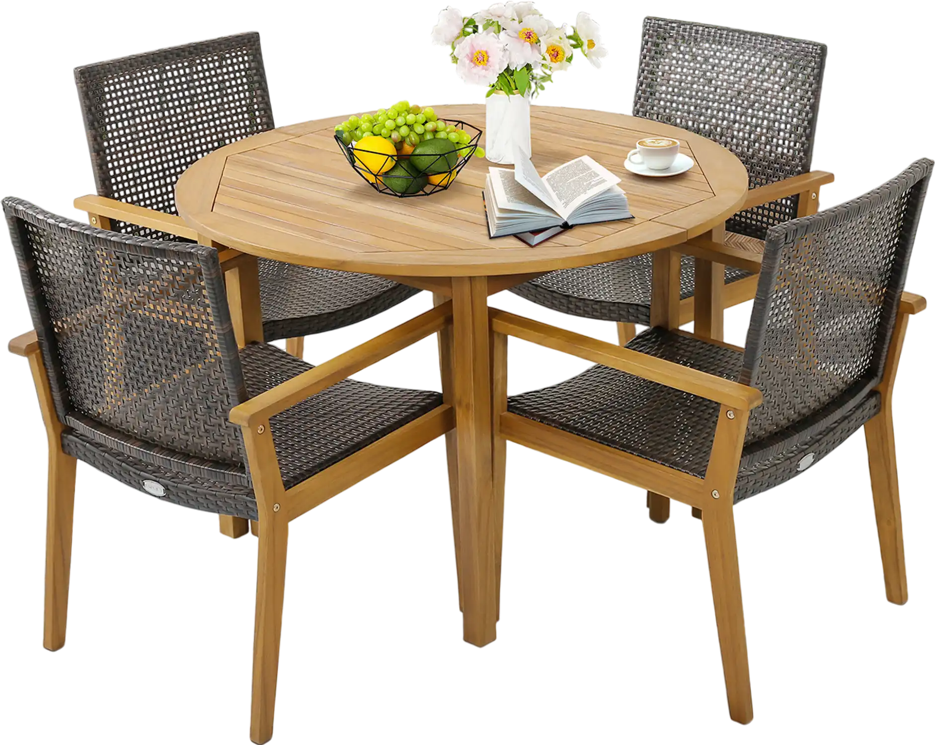 Costway Outdoor Rattan Dining Chairs Acacia Wood Frame Set of 4 84576921 New
