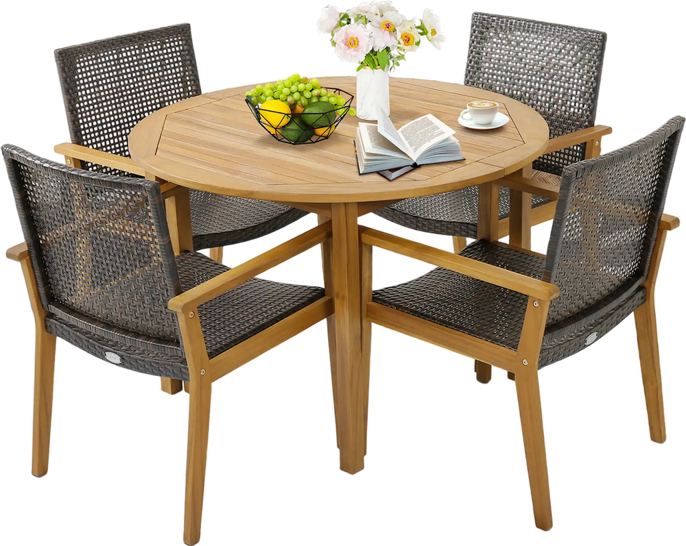 Set of 4 outdoor rattan chairs with acacia wood frame, featuring a curved seat design, perfect for backyard dining.