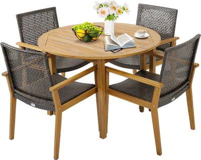 Costway Outdoor Rattan Dining Chairs Acacia Wood Frame Set of 4 84576921 New