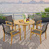 Set of 4 outdoor rattan chairs with acacia wood frame, perfect for backyard or poolside dining.