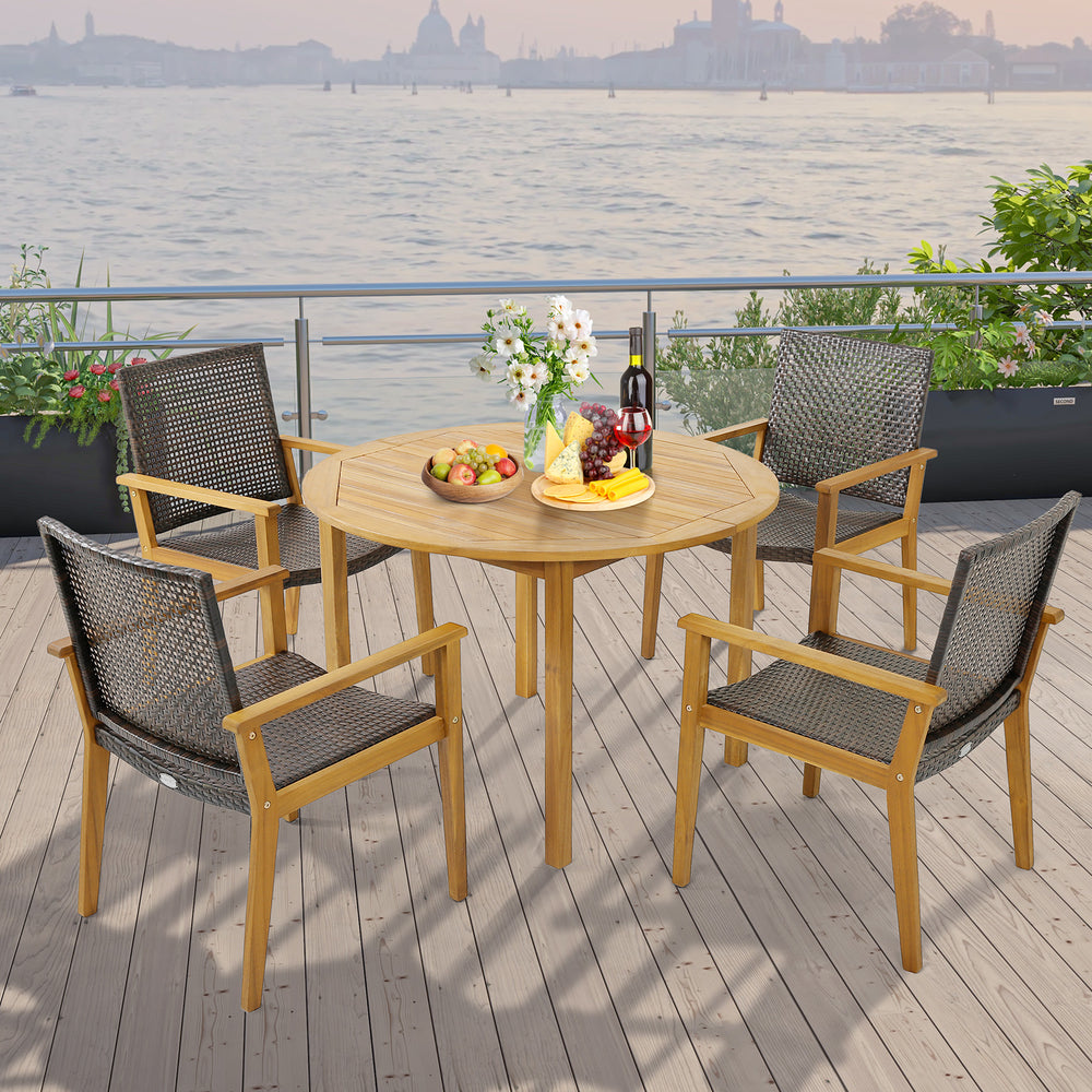 Set of 4 outdoor rattan chairs with acacia wood frame, perfect for backyard or poolside dining.