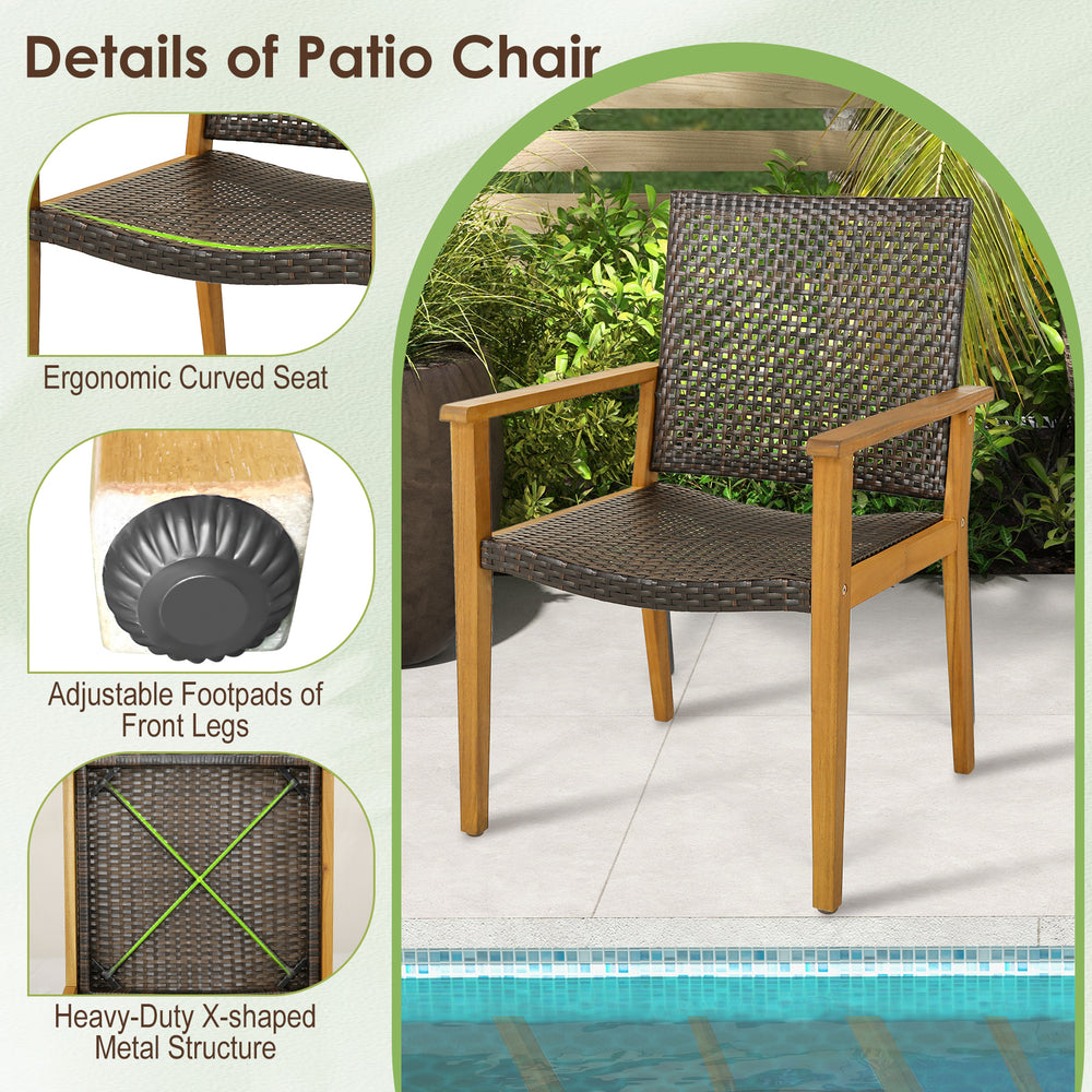 Curved seat detail of a rattan chair with acacia wood frame, featuring adjustable footpads for stability, ideal for.