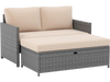 Gray PE rattan outdoor loveseat with cushions and 31-gallon storage ottoman, perfect for backyard relaxation.