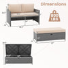 Outdoor rattan loveseat with beige cushions and 31-gallon storage ottoman, perfect for backyard relaxation.