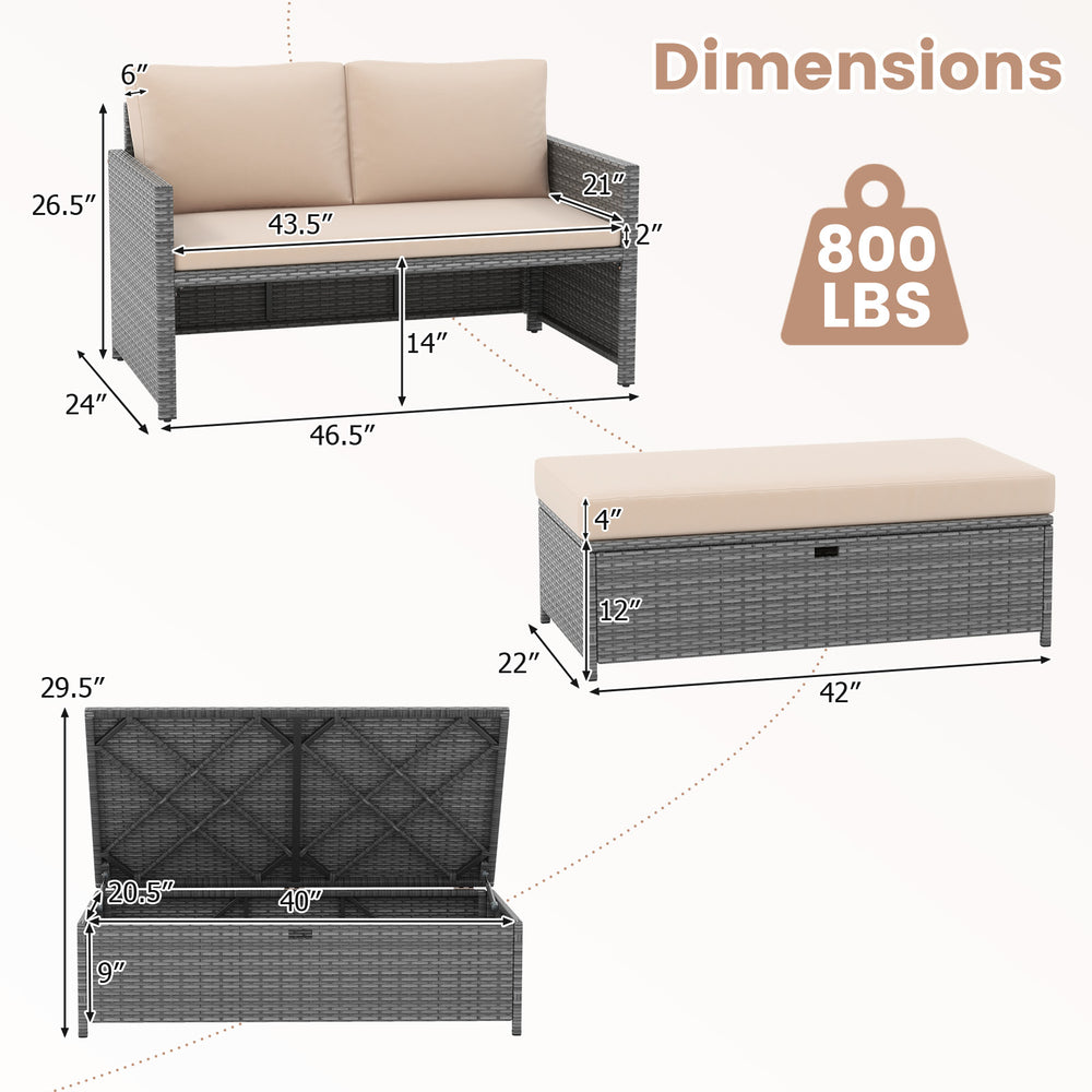 Outdoor rattan loveseat with beige cushions and 31-gallon storage ottoman, perfect for backyard relaxation.