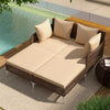Outdoor rattan double daybed with a brown wicker finish, showcasing the open-weave design and plush cushions for.