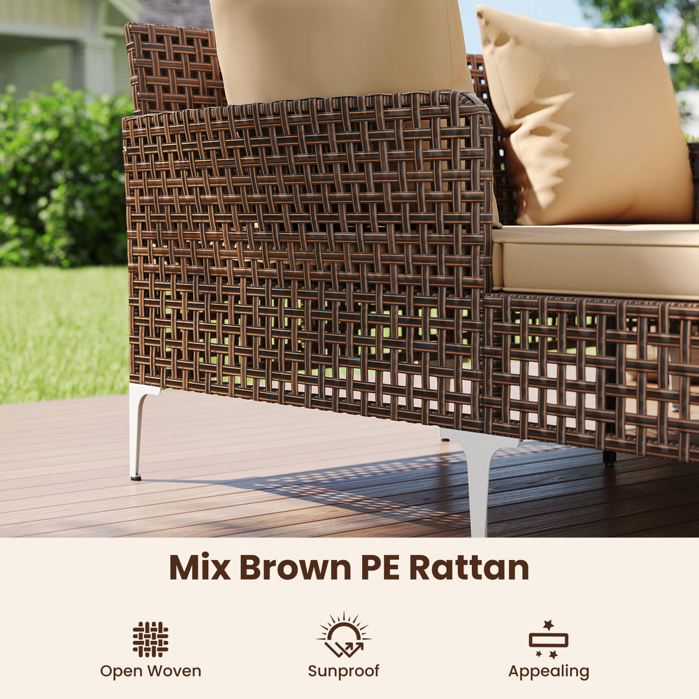 Outdoor rattan double daybed with mix brown PE rattan, featuring comfy cushions and sturdy metal frame for poolside.