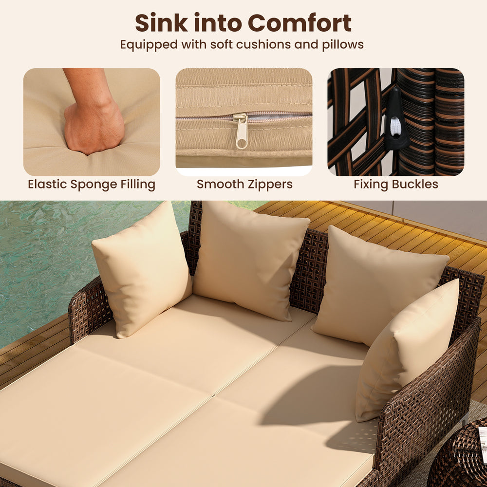 Outdoor rattan double daybed with soft cushions, fixing buckles, and smooth zippers for ultimate comfort by the.