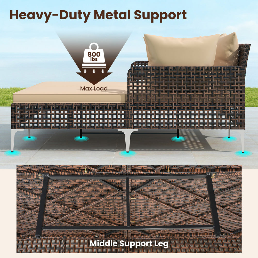 Outdoor rattan double daybed with brown wicker, featuring heavy-duty metal support and cushions for poolside relaxation.