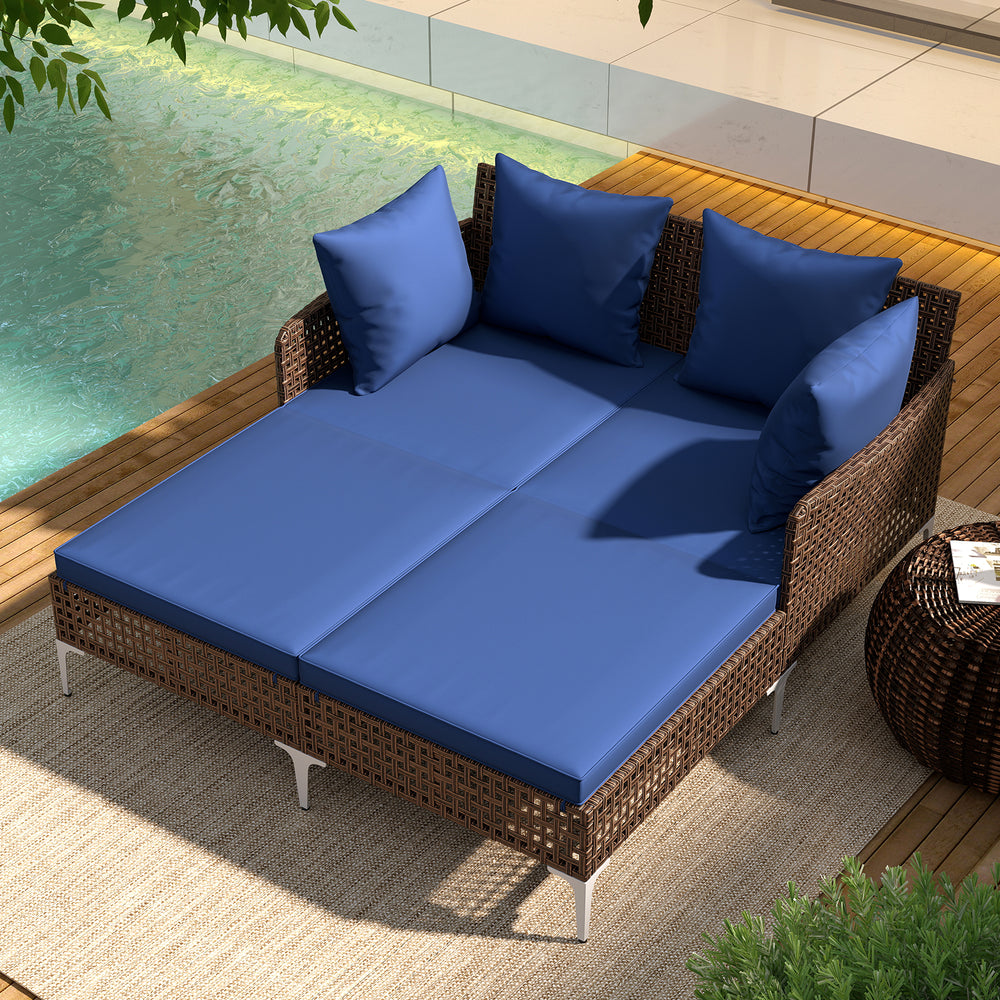 Outdoor Rattan Double Daybed Wicker Chaise Lounge-Navy - Gallery View 1 of 10