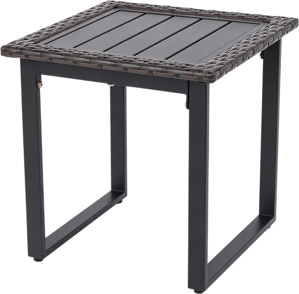 Outdoor rattan side table with slatted tabletop, PE rattan finish, and sturdy metal frame for reliable outdoor use.