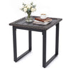 Square outdoor rattan side table with slatted tabletop, sturdy metal frame, and adjustable foot pads for stability.