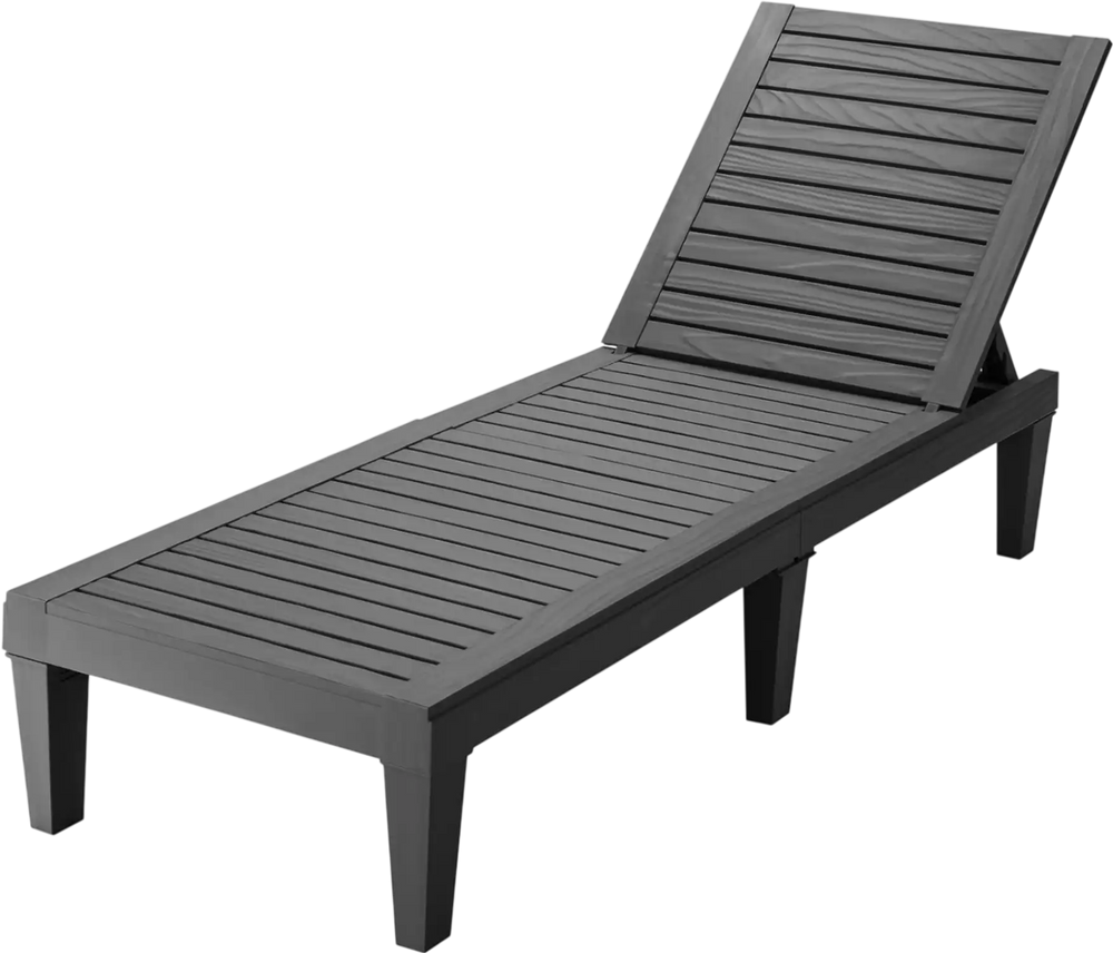 Black outdoor recliner chair with adjustable 5-position backrest, perfect for patio or poolside relaxation.