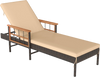 Outdoor reclining lounger chair with beige cushion, adjustable backrest, and hand-woven PE rattan for patio comfort.