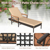 Beige outdoor reclining lounger chair with adjustable backrest, PE rattan, and acacia wood armrests for patio comfort.