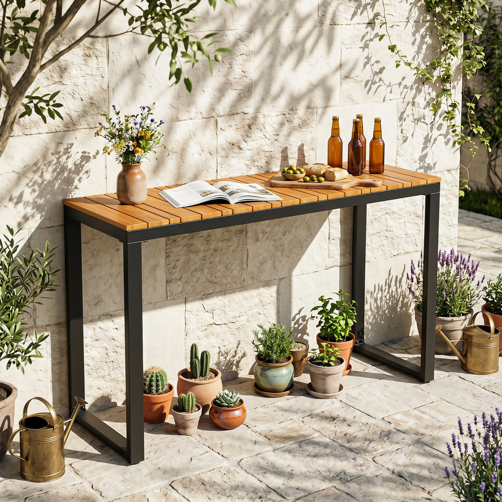 Rectangular outdoor console table with WPC tabletop and sturdy metal frame, perfect for patio or garden use.