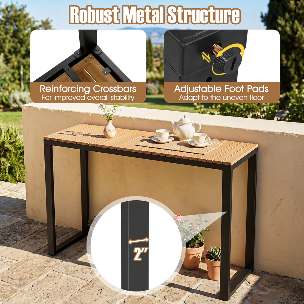 Outdoor rectangle console table featuring a durable WPC tabletop and sturdy metal frame, perfect for patio or balcony use.