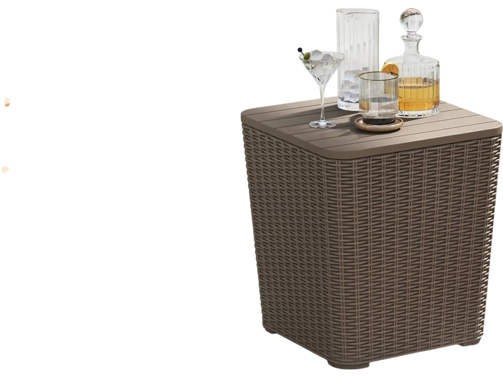 Outdoor resin storage side table with wicker-woven accent, removable lid, perfect for patio or poolside use.