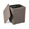 Outdoor resin storage side table with removable lid, wicker-woven design, ideal for patio and garden storage.