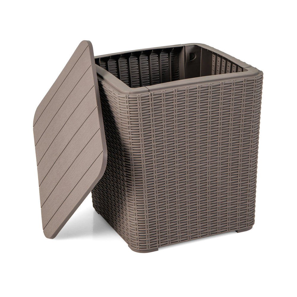 Outdoor resin storage side table with removable lid, wicker-woven design, ideal for patio and garden storage.