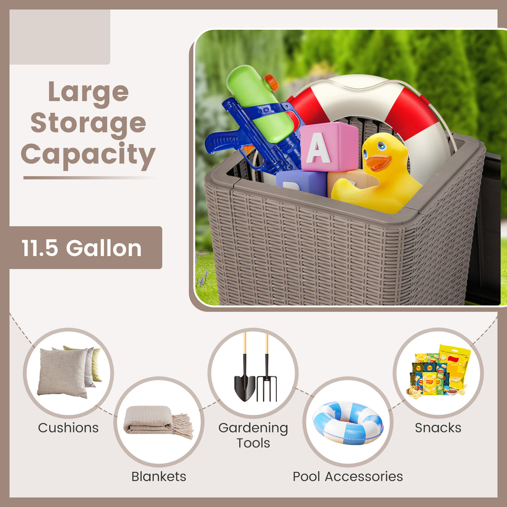 Outdoor resin storage side table with wicker accent, 11.5-gallon capacity for cushions, snacks, and pool accessories.