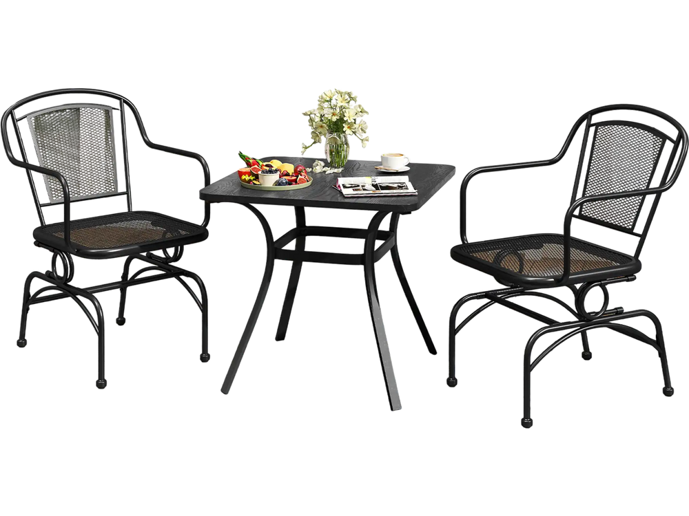 Black outdoor rocking chair set of 2 with mesh backrests, placed on a patio for relaxing yard use.