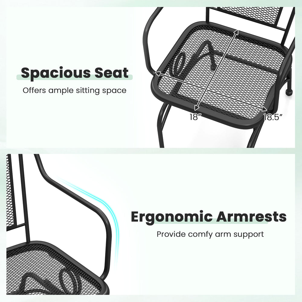 Spacious seat and ergonomic armrests of the black outdoor rocking chair set for comfortable yard relaxation.