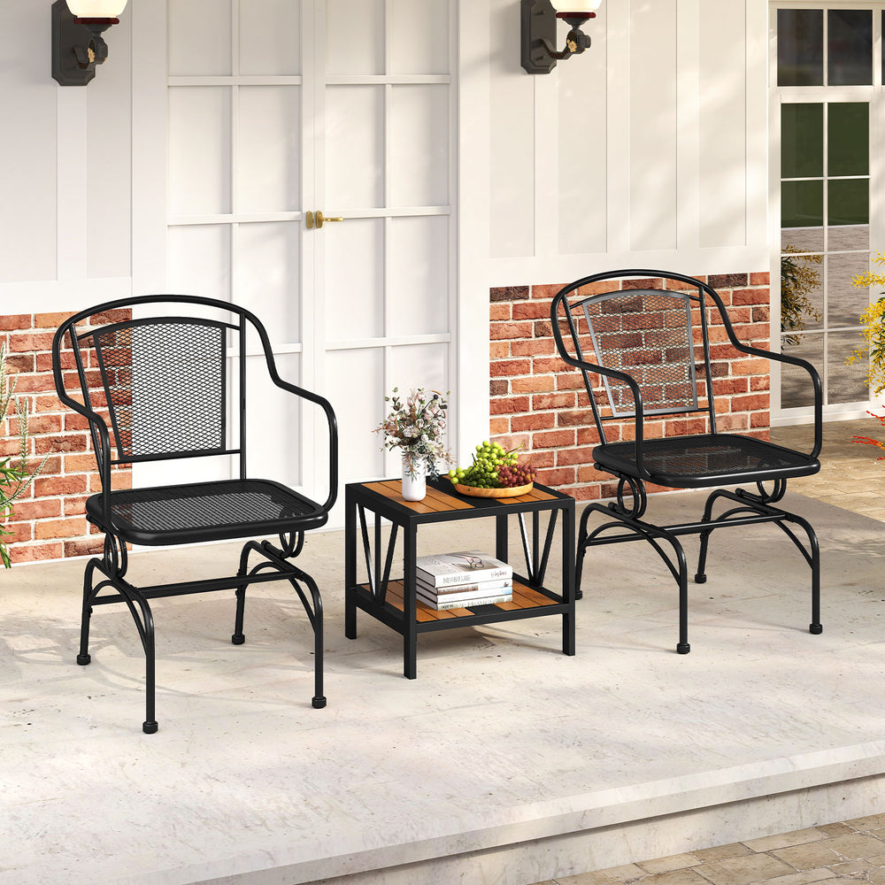 Set of 2 black outdoor rocking chairs with mesh backrests, perfect for relaxing in your yard or patio.