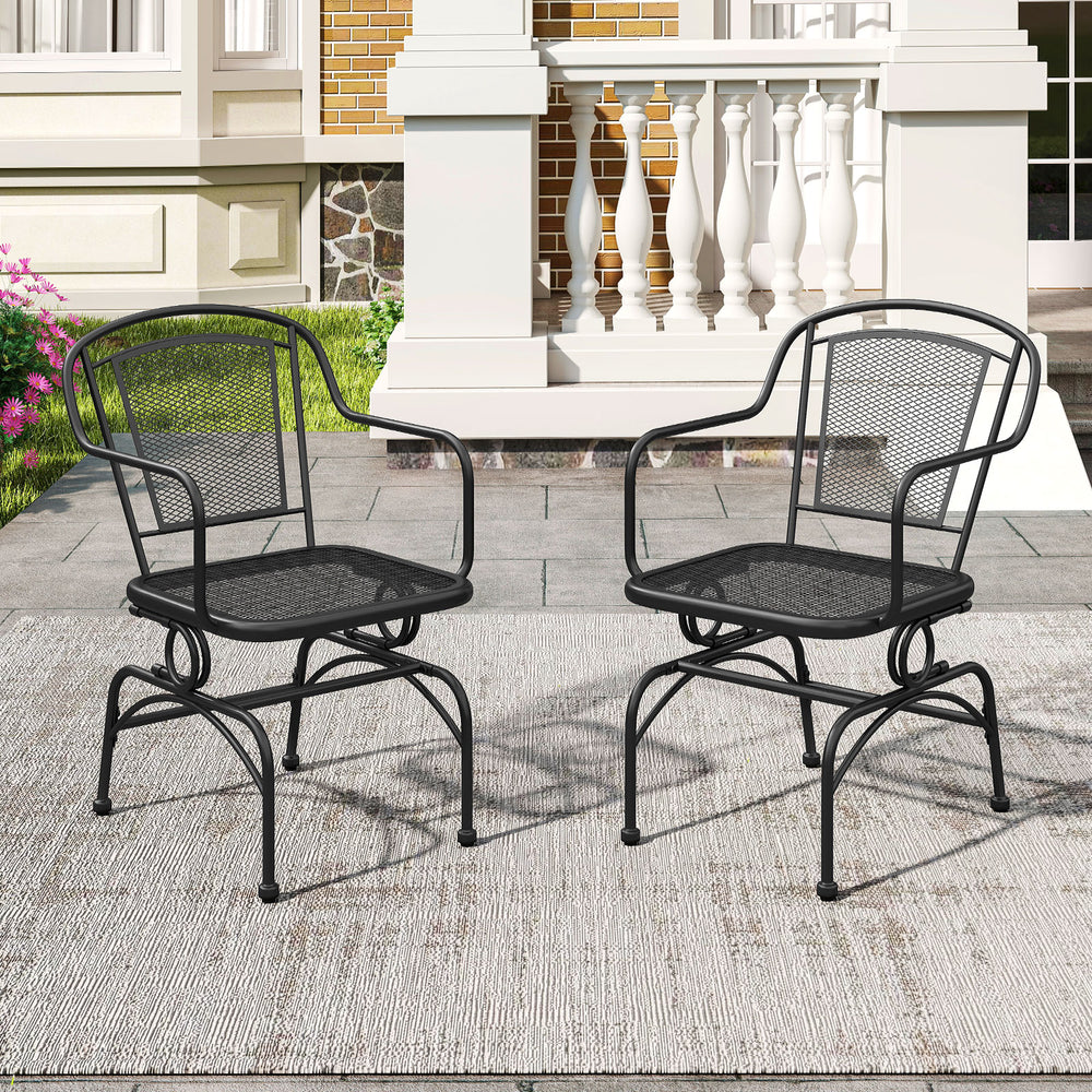 Set of 2 black outdoor rocking chairs with mesh backrests, designed for yard relaxation and stability on various.