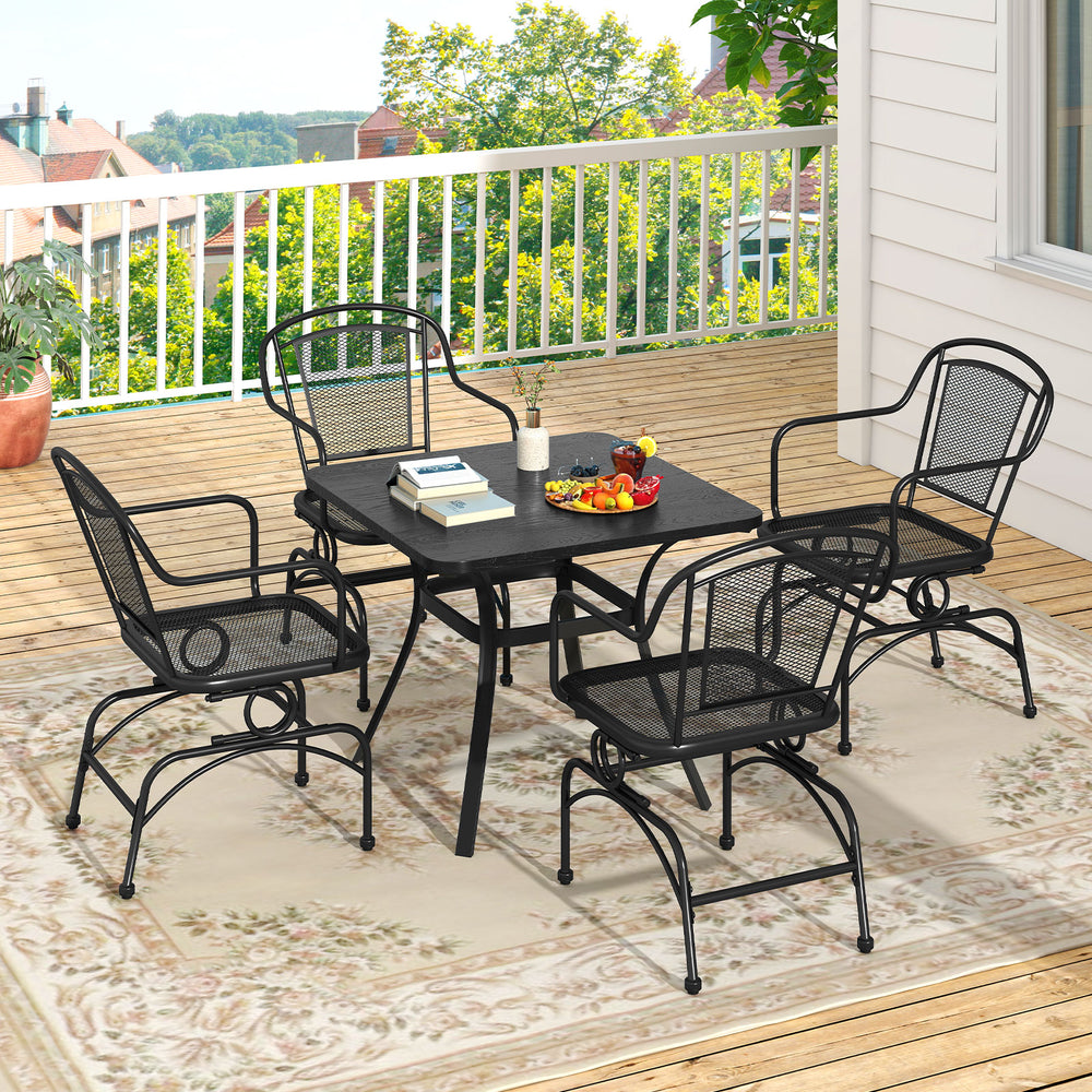 Outdoor rocking chair set of 2 with black mesh seats and backrests, ideal for yard relaxation and comfort.