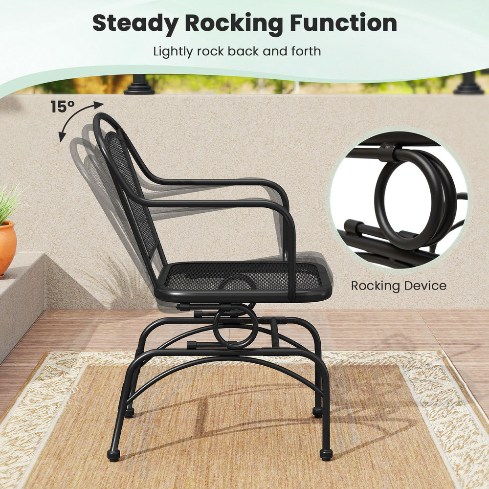 Black outdoor rocking chair with mesh backrest, featuring a 15° sway motion for relaxing in your yard.