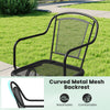 Curved metal mesh backrest of a black outdoor rocking chair, designed for comfort and breathability in outdoor settings.