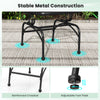 Close-up of the adjustable foot pad on a black outdoor rocking chair, featuring a stable metal construction for yard.