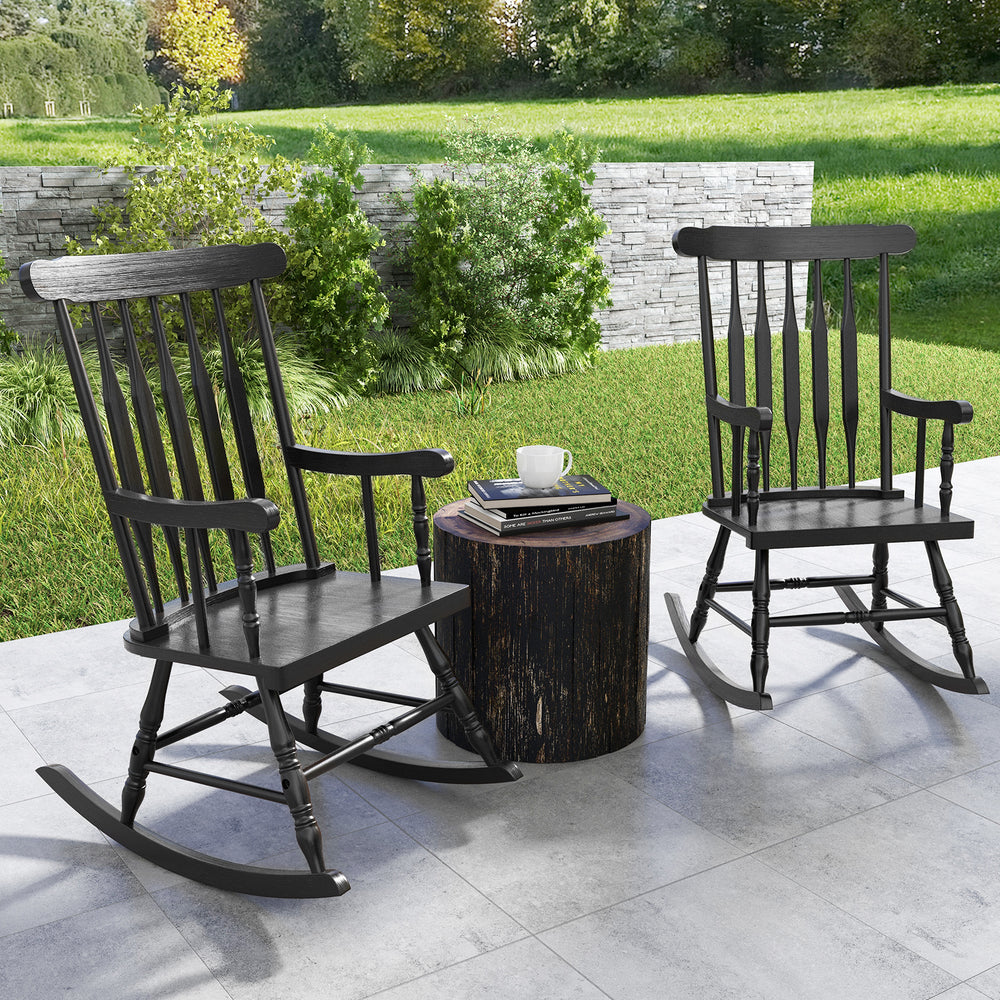 Outdoor Rocking Chair with Slatted Backrest-Black - Gallery View 1 of 7