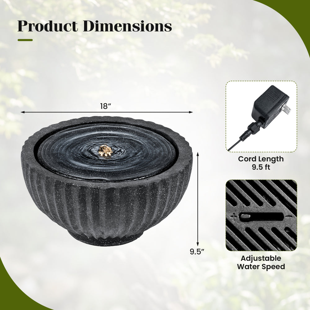 Round sphere water fountain with LED lights, 18" diameter, adjustable water speed, perfect for small patios or.