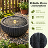 Outdoor round sphere water fountain with LED lights, featuring a realistic stone-like look and lightweight resin.