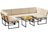 Beige 6-piece outdoor sectional sofa set with metal frame, acacia wood accents, and cushions, perfect for backyard.
