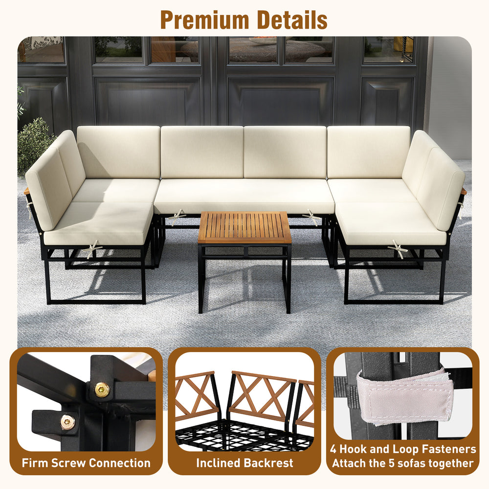 6-piece outdoor sectional sofa set with beige cushions, metal frame, and acacia wood tabletop for backyard relaxation.